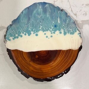 Abstract Ocean over Wood Resin Art Piece